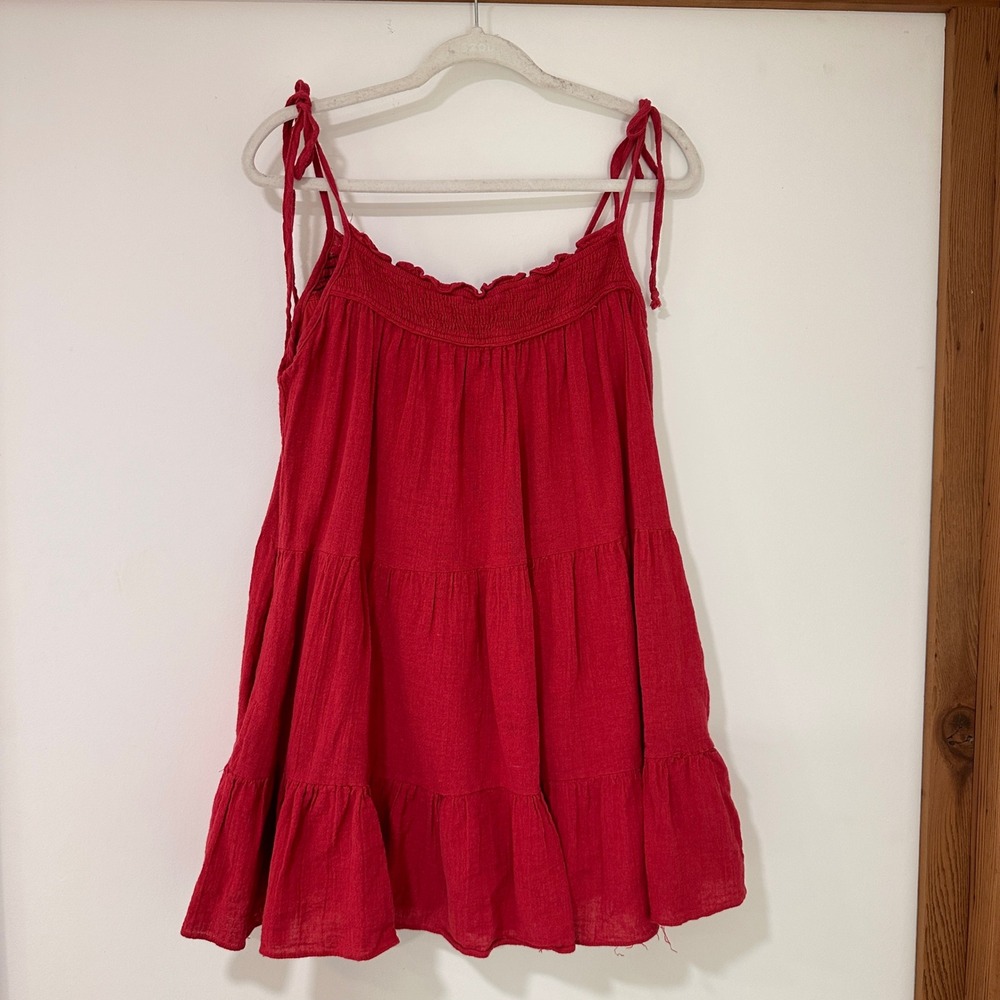 Olivaceous Tiered Linen Blend Mini Dress Womens Size M Red Tie Strap Baby Doll‎